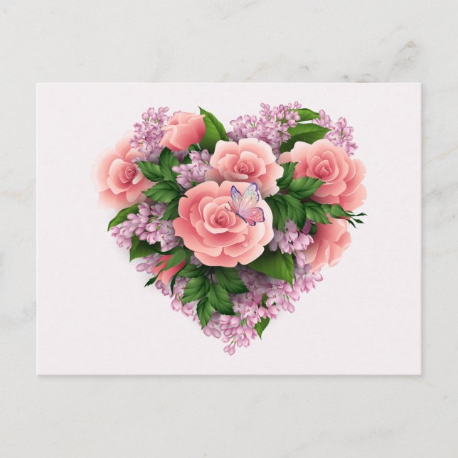 Purple Lilac Flowers and Pink Roses Floral Heart Postcard (Front)