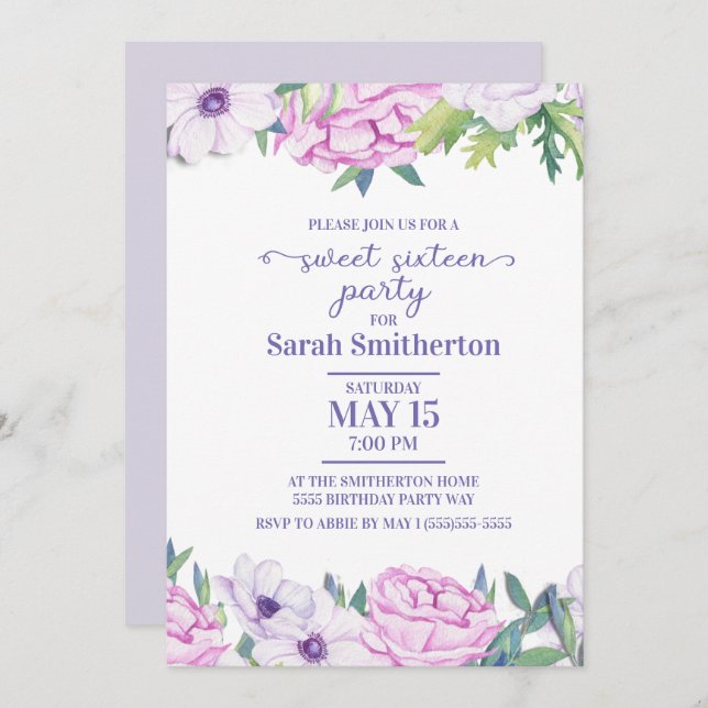 Purple Lilac Flowers Sweet Sixteen Birthday Party Invitation (Front/Back)