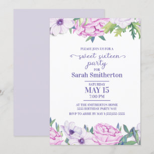 Purple Lilac Flowers Sweet Sixteen Birthday Party Invitation