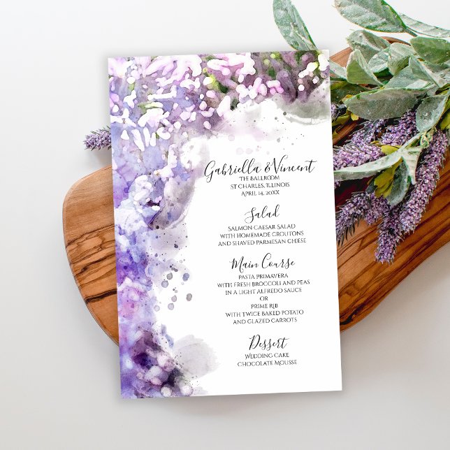 Purple Lilac Flowers Watercolor Wedding Menu (Creator Uploaded)