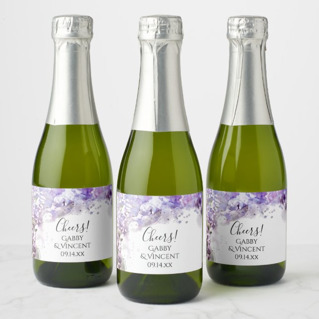 Purple Lilac Flowers Watercolor Wedding Sparkling Wine Label (Bottles)