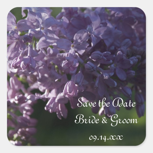 Purple Lilac Flowers Wedding Save the Date Square Sticker (Front)