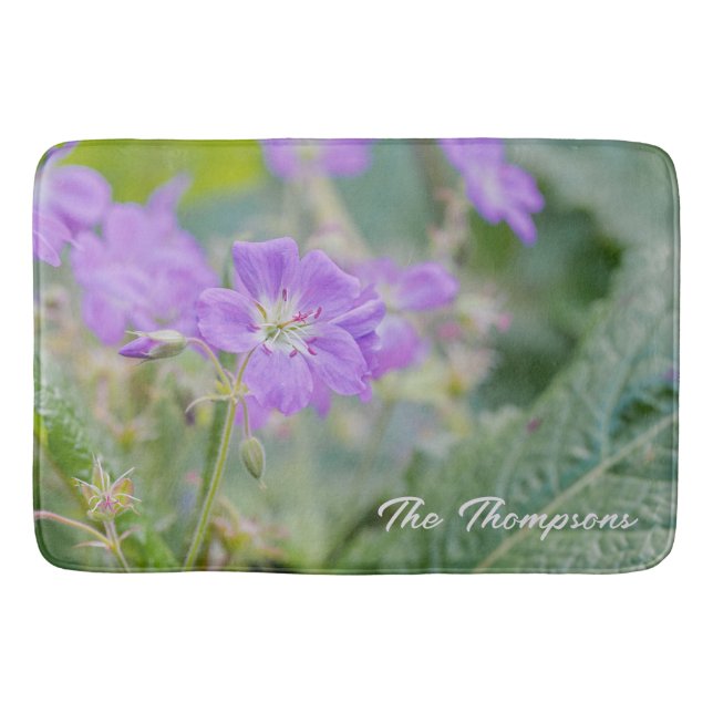 Purple Lilac Geranium Wildflower Botanical Photo Bath Mat (Front)
