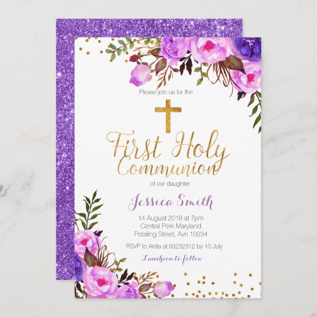 Purple Lilac Girl Christening Invitation card (Front/Back)