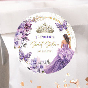 Purple Lilac Girl Princess Tiara Floral Sweet 16 Classic Round Sticker