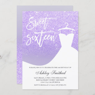 Purple lilac glitter elegant chic dress Sweet 16 Invitation