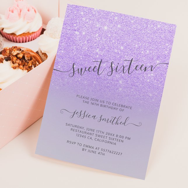 Purple lilac glitter elegant typography Sweet 16 Invitation (Creator Uploaded)