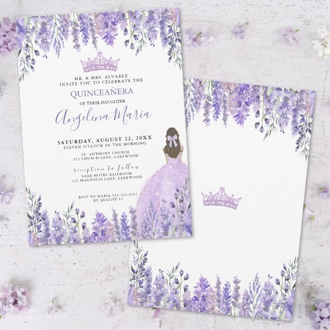 Purple Lilac Glitter Tiara Floral Quinceañera Invitation (Purple Lilac Glitter Tiara Floral Quinceañera Invitation)