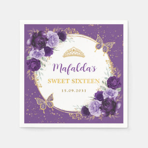 Purple Lilac Gold Floral Sweet 16 Birthday Napkin