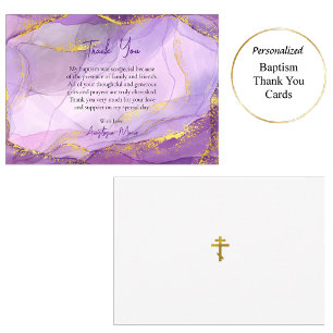 Purple Lilac Gold Marble Orthodox Baptism     Thank You Card
