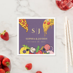 Purple Lilac Gold PIZZA Modern Minimal Wedding Napkin