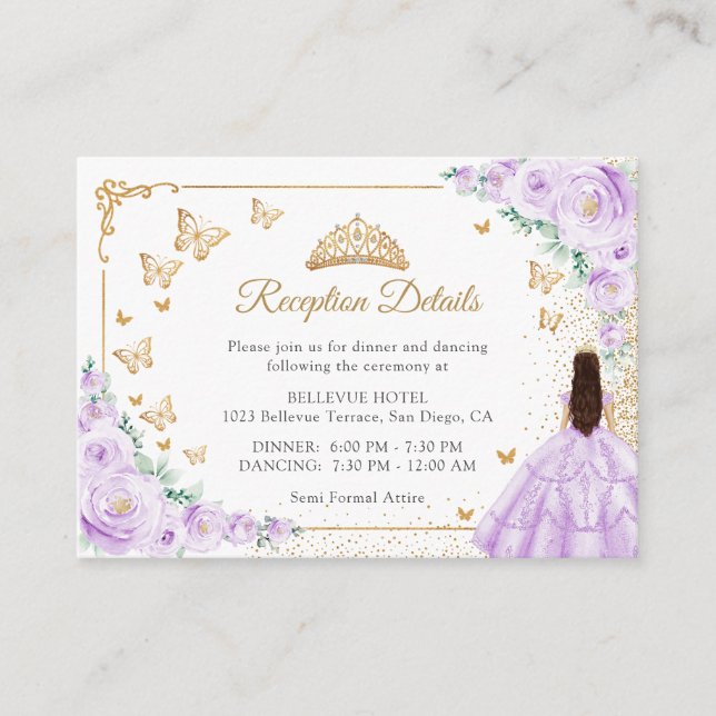 Purple Lilac Gold Quinceanera Reception Details Enclosure Card (Front)