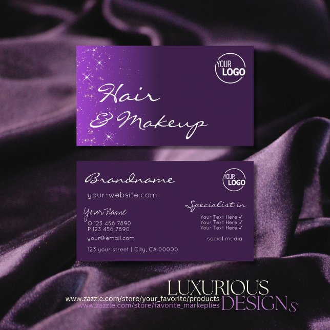 Purple Lilac Gradient Chic Glitter Stars with Logo Business Card (Creator Uploaded)
