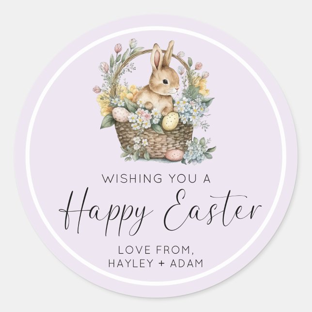 Purple Lilac Happy Easter Bunny Classic Round Sticker (Easter Bunny Sticker)