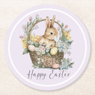 Purple Lilac Happy Easter Bunny Round Paper Coaster
