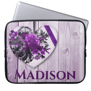Purple Lilac Heart and Flowers with Custom Name Laptop Sleeve
