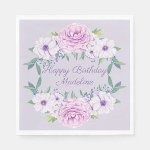 Purple Lilac Lavender Floral Personalised Birthday Napkin