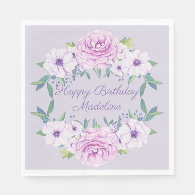 Purple Lilac Lavender Floral Personalised Birthday Napkin (Front)