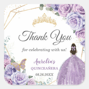 Purple Lilac Lavender Floral Quinceañera Princess  Square Sticker