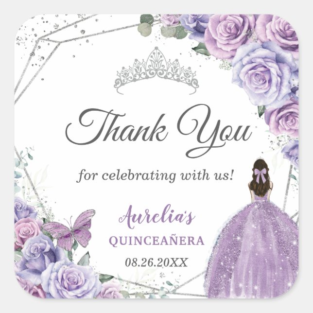 Purple Lilac Lavender Floral Quinceañera Princess Square Sticker (Front)