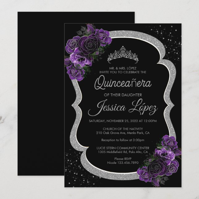 Purple Lilac Lavender Floral Quinceañera Silver Invitation (Front/Back)