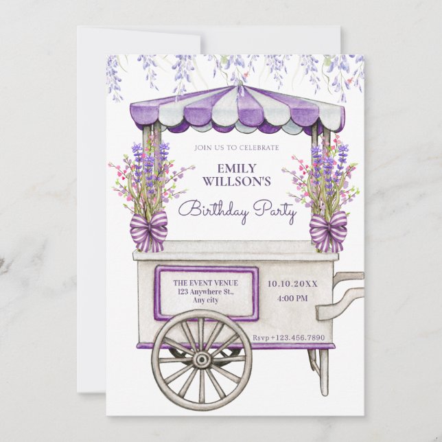 Purple lilac lavender flower birthday invitation (Front)
