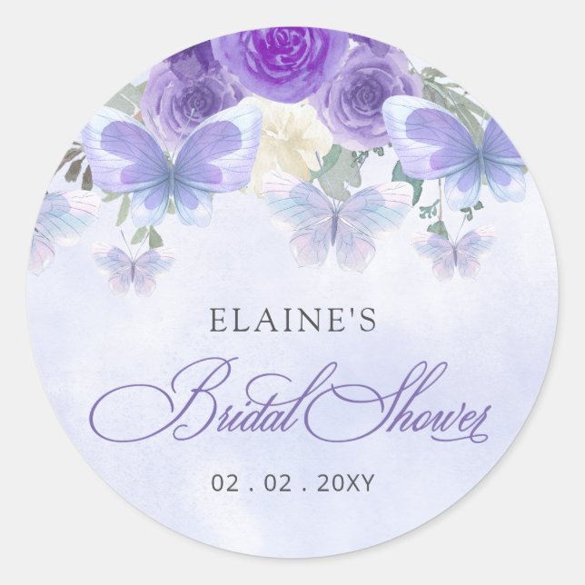Purple Lilac Lifetime of Butterflies Bridal Shower Classic Round Sticker (Front)