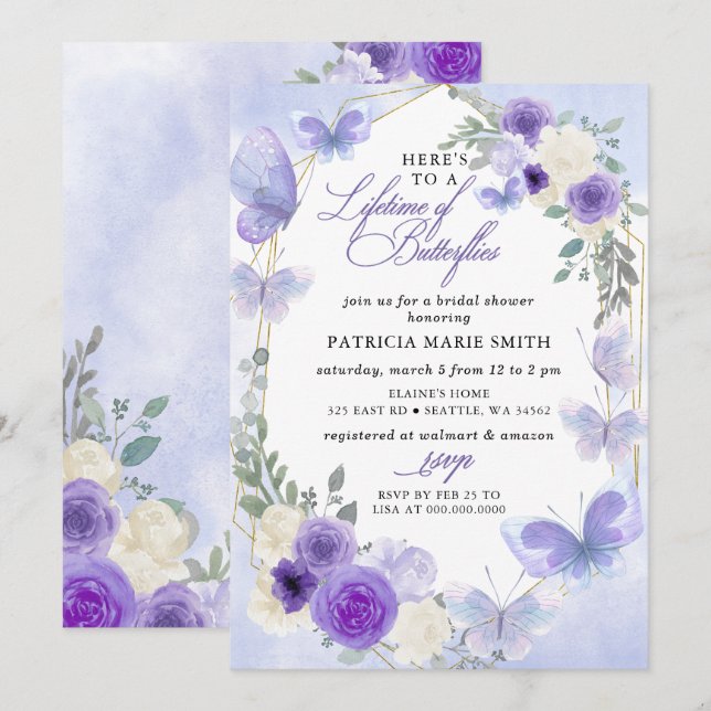 Purple Lilac Lifetime of Butterflies Bridal Shower Invitation (Front/Back)