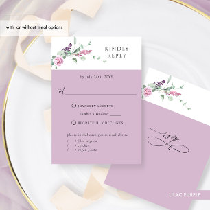 Purple Lilac Pastel Floral With or Without Meals RSVP Card
