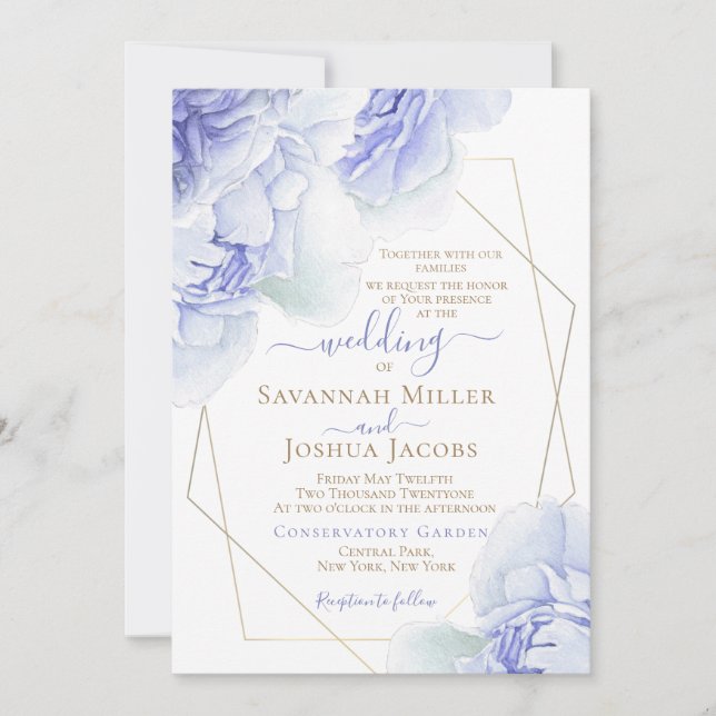 Purple lilac peony wedding watercolor floral invitation (Front)