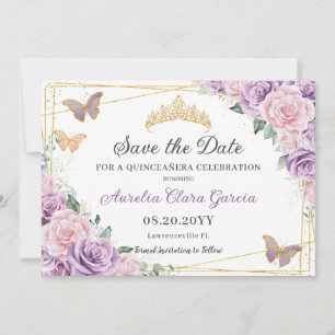 Purple Lilac Pink Floral Quinceañera Sweet Sixteen Save The Date