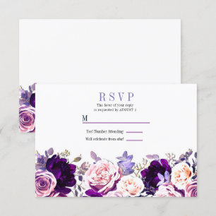 Purple Lilac & Pink Rose Floral White Wedding RSVP Invitation