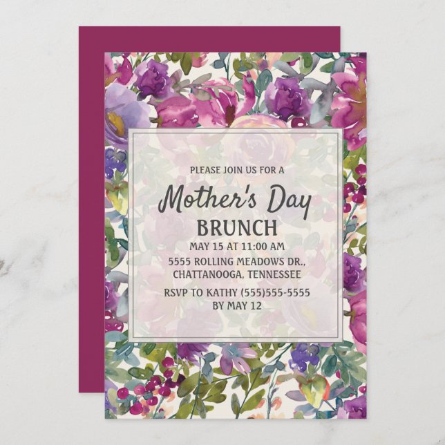 Purple Lilac Pink Watercolor Floral Mother's Day Invitation (Front/Back)