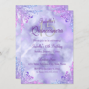 Purple Lilac Quinceanera 15th Silver Pearl Damask Invitation