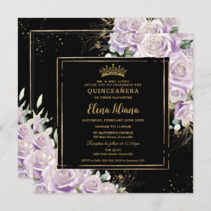 Purple Lilac Rose Floral Gold Quinceanera Sweet 16 Invitation