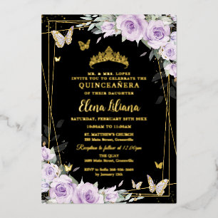 Purple Lilac Roses Floral Black Gold Quinceañera