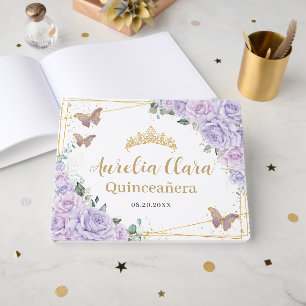 Purple Lilac Roses Floral Butterflies Quinceanera  Guest Book