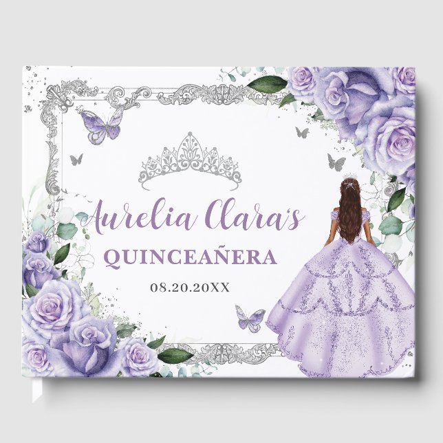 Purple Lilac Roses Floral Butterflies Quinceañera  Guest Book (Front)