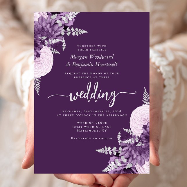 Purple Lilac Silver Floral Wedding Invitation (Creator Uploaded)