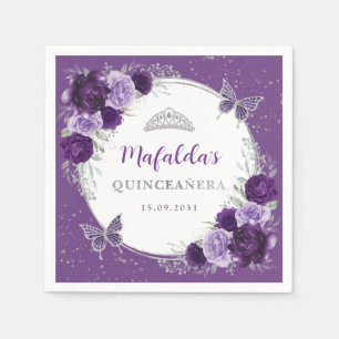Purple Lilac Silver Flowers Quinceanera Birthday Napkin