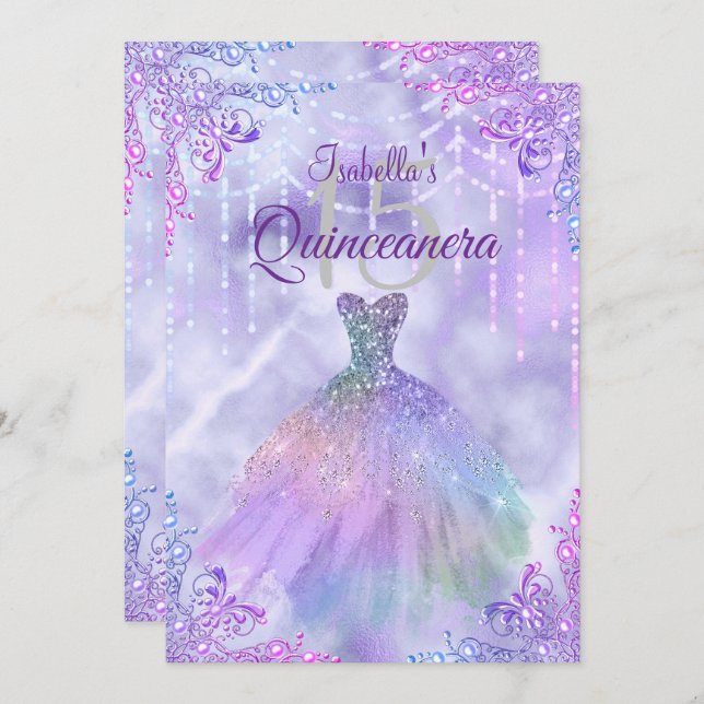 Purple Lilac Silver Pearl Gown Quinceanera Party Invitation (Front/Back)