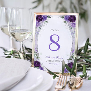 Purple Lilac Silver Quinceanera Floral Birthday Table Number