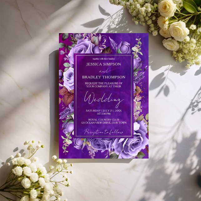 Purple lilac vintage roses elegant wedding invitation (Purple lilac  velvet vintage roses elegant wedding invitation cards template instant download)