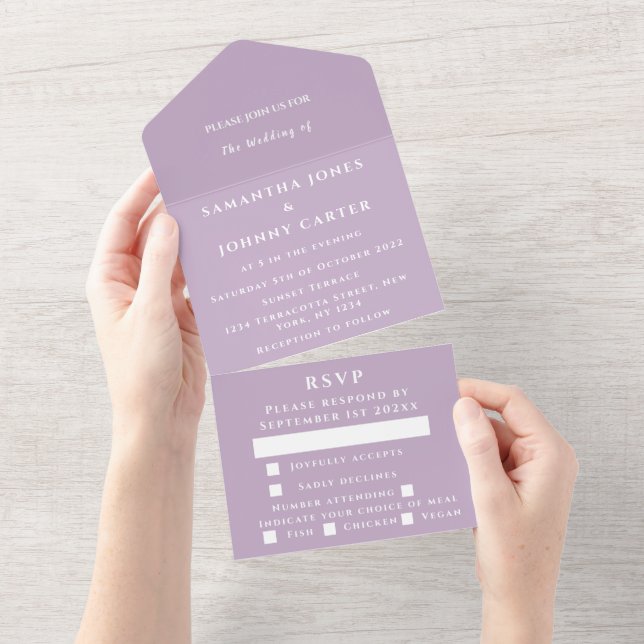 Purple Lilac Violet Lavender Modern Wedding  All In One Invitation (Tearaway)