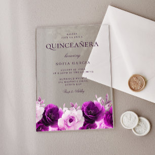 Purple Lilac Violet Roses Floral Quinceanera Acrylic Invitations