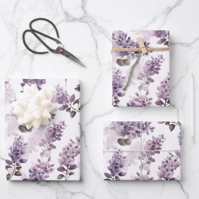 Purple Lilac Watercolor Floral Wrapping Paper Sheet (Front)