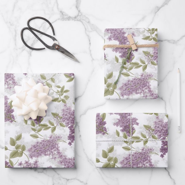 Purple Lilac Watercolor Floral Wrapping Paper Sheet (Front)