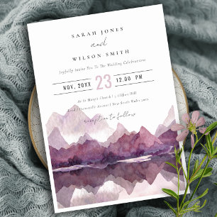 Purple Lilac Watercolor Mountain Lake Wedding Invitation