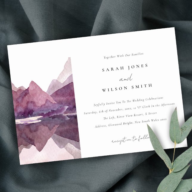 Purple Lilac Watercolor Mountain Lake Wedding Invitation (Creator Uploaded)