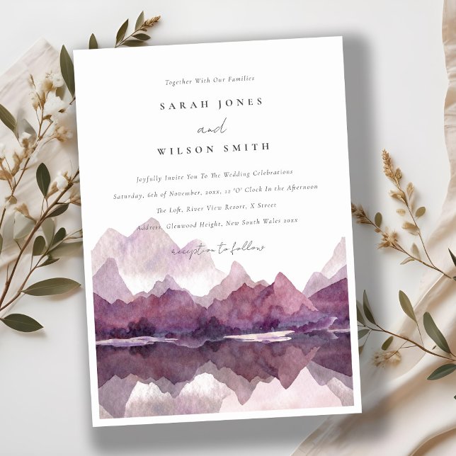Purple Lilac Watercolor Mountain Lake Wedding Invitation (Creator Uploaded)